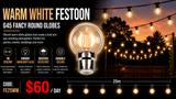 HIRE - Festoon 25m WARM WHITE Globes