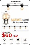 HIRE - Festoon 25m WARM WHITE Globes