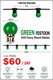 HIRE - Festoon 25m GREEN Globes